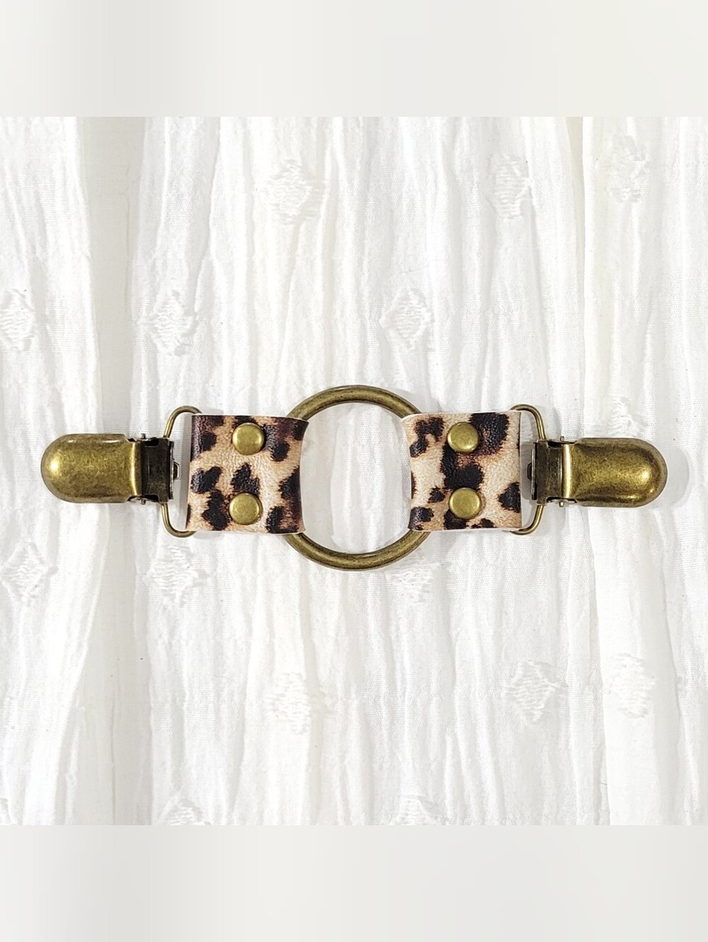 Leather Cheetah Animal Print Cinch Clip W/ Bronze Tone Clips DIY Tailor Handmade